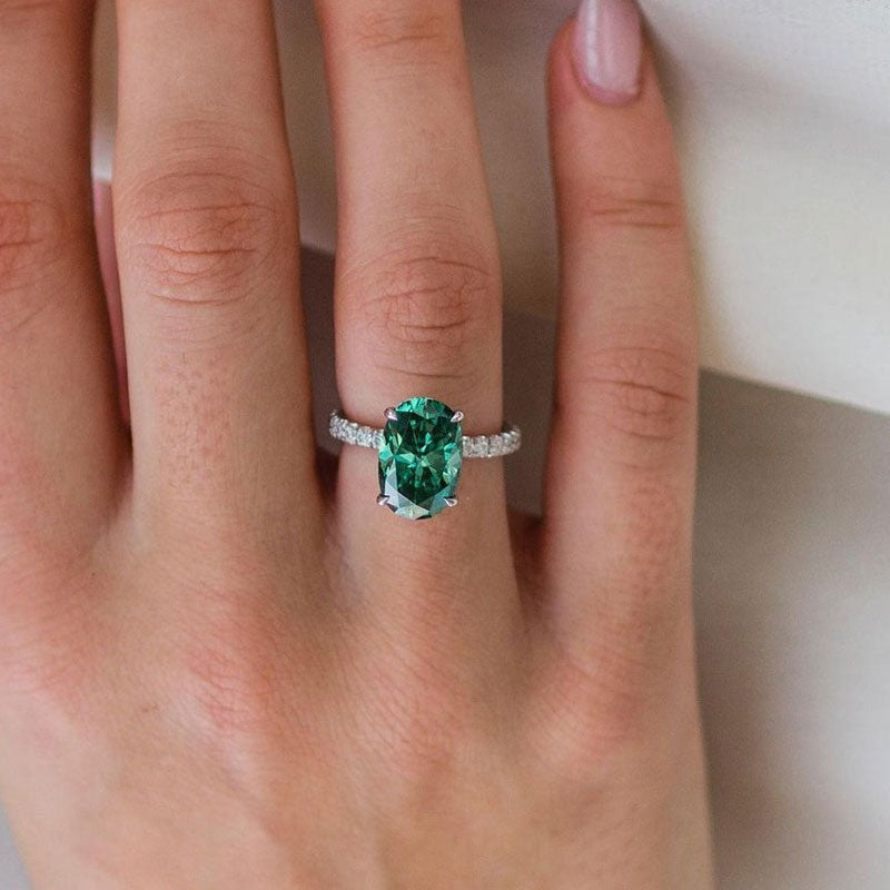 Oval Cut Emerald Gemstone & Diamond Halo Engagement Ring | SH Jewellery